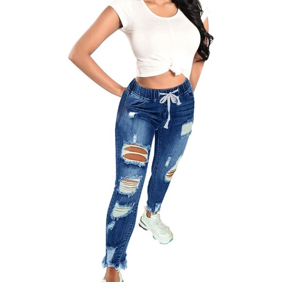Women High Waist Skinny Stretch Ripped Jeans Plus Size Dark Blue - Picture 3 of 4
